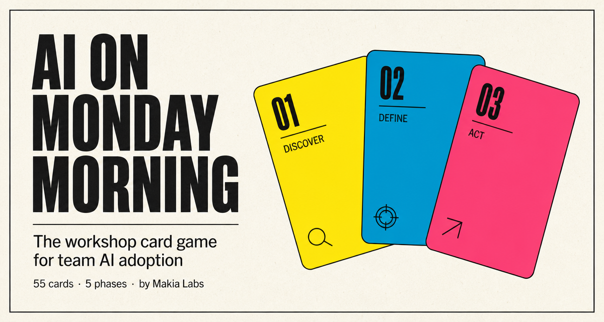AI on Monday Morning cover: three cards in yellow, blue and pink numbered 01 Discover, 02 Define, 03 Act.